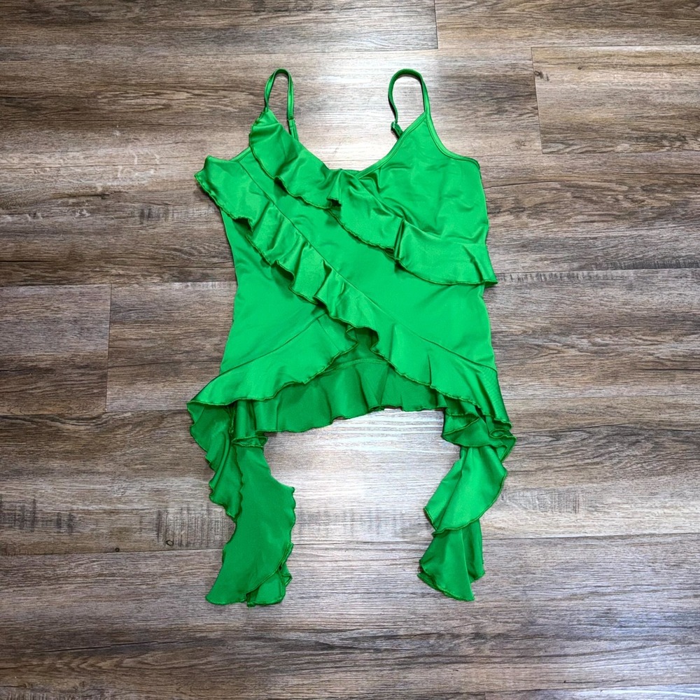 Cami Top Womens Medium Green Asymmetric Ruffle Adjustable Spaghetti Strap Casual